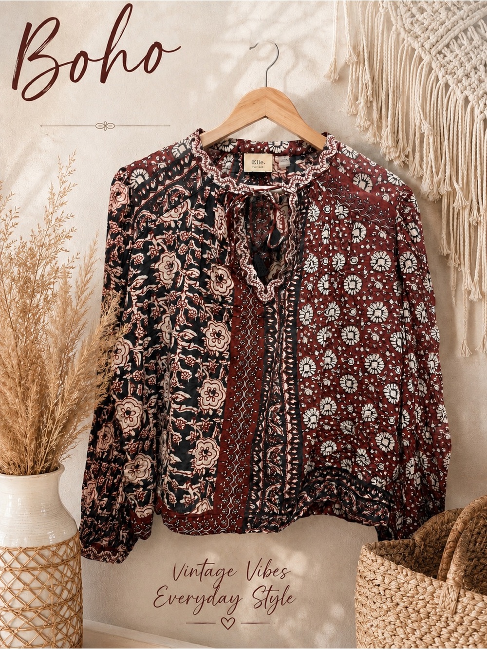 Elie Tahari Boho Peasant Blouse Tassel Tie Mixed Print Burgundy LG